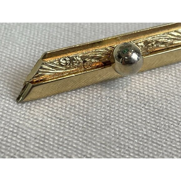 Vintage Bar Shaped Gold Tone Brooch 80s 90s Sphere Etched Floral Art Deco Style - Picture 2 of 8